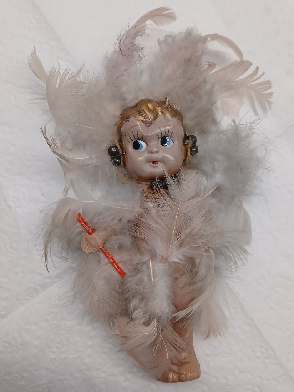 Vintage Celluloid Flapper Girl Kewpie Feathers Carnival Prize Doll Toy Japan 5"